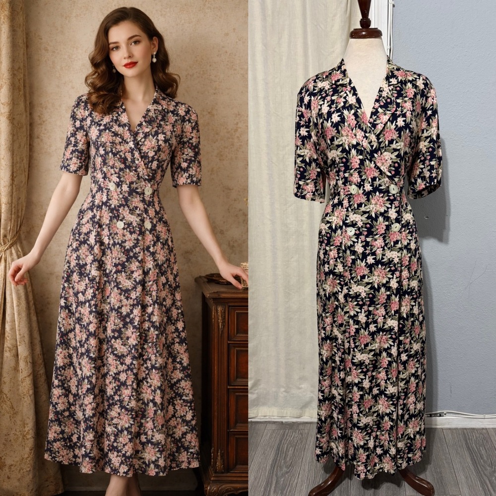 Betsy's Things Vintage 90s Floral Maxi Dress XL Navy Double Breasted Cottagecore